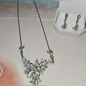 #155 Hawaiian Floral Butterfly Silver and Pastel Green-Necklace and Earrings Set
